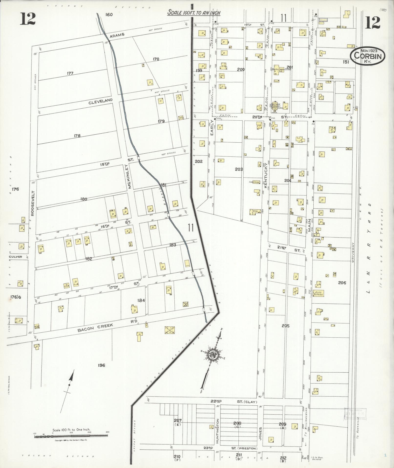 Sanborn Fire Insurance Map from Corbin, Knox and Whitley Counties, Kentucky (1923), Sheet #0012 - Complete Map Set gallery image, historic Sanborn map, vintage wall art, Kentucky Kentucky