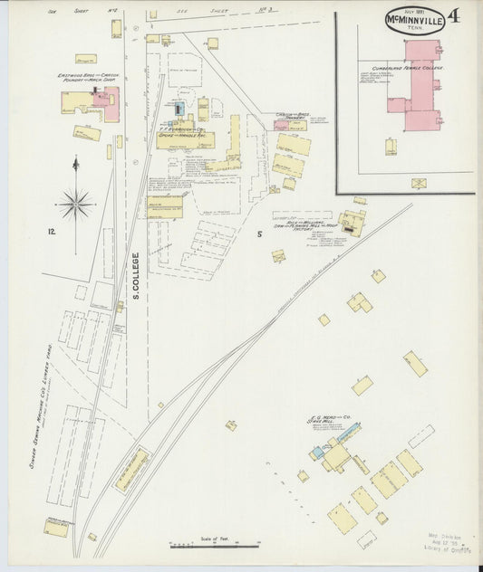 Sanborn Fire Insurance Map from McMinnville, Warren County, Tennessee (1891), Sheet #0004 - Historic Sanborn Fire Insurance Map Print, vintage old map wall art, antique decor, genealogy gift, Tennessee Tennessee map