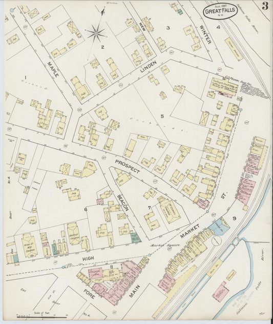 Sanborn Fire Insurance Map from Great Falls, Strafford County, New Hampshire (1887), Sheet #0003 - Historic Sanborn Fire Insurance Map Print, vintage old map wall art, antique decor, genealogy gift, New Hampshire New Hampshire map