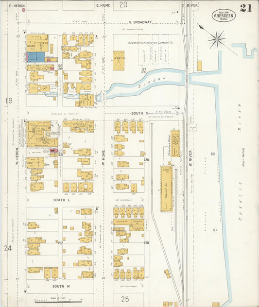 Sanborn Fire Insurance Map from Aberdeen, Grays Harbor County, Washington (1906), Sheet #0021 - Historic Sanborn Fire Insurance Map Print, vintage old map wall art, antique decor, genealogy gift, Washington Washington map