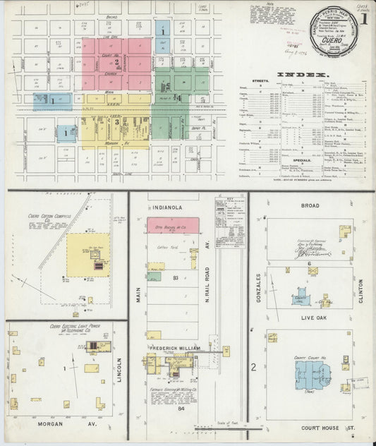 Sanborn Fire Insurance Map from Cuero, De Witt County, Texas (1896), Sheet #0001 - Historic Sanborn Fire Insurance Map Print, vintage old map wall art, antique decor, genealogy gift, Texas Texas map