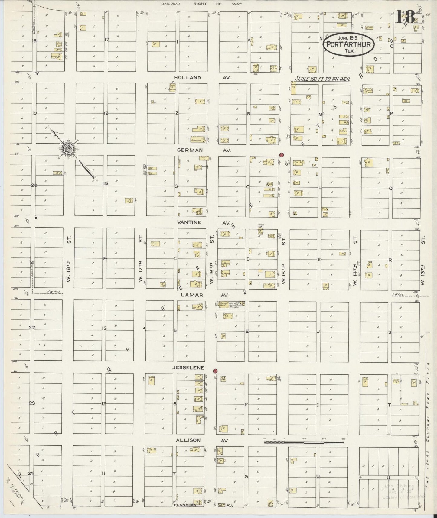 Sanborn Fire Insurance Map from Port Arthur, Jefferson County, Texas (1915), Sheet #0018 - Complete Map Set gallery image, historic Sanborn map, vintage wall art, Texas Texas