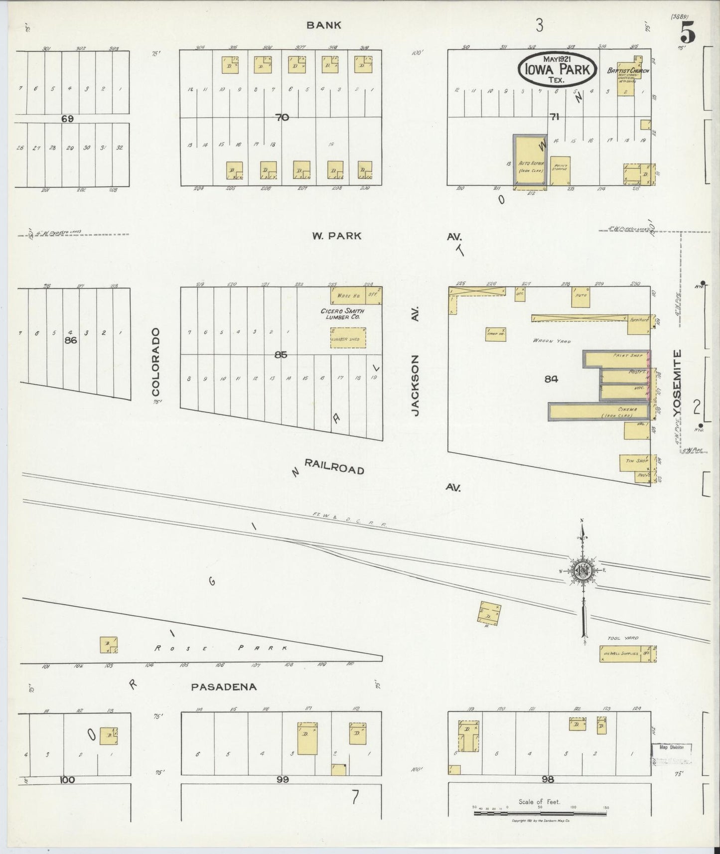 Sanborn Fire Insurance Map from Iowa Park, Wichita County, Texas (1921), Sheet #0005 - Historic Sanborn Fire Insurance Map Print, vintage old map wall art