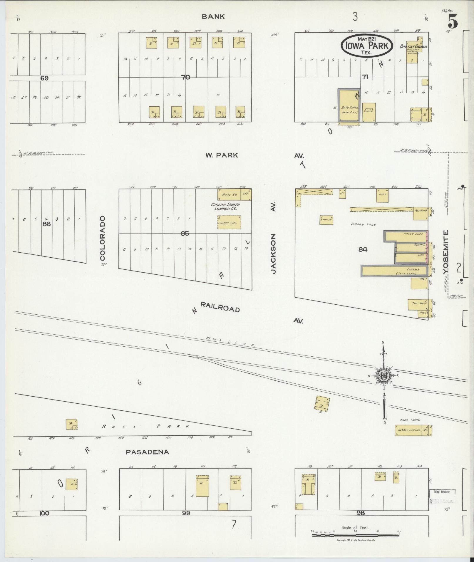 Sanborn Fire Insurance Map from Iowa Park, Wichita County, Texas (1921), Sheet #0005 - Historic Sanborn Fire Insurance Map Print, vintage old map wall art