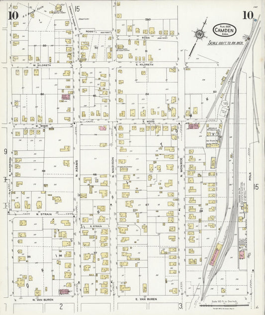Sanborn Fire Insurance Map from Camden, Ouachita County, Arkansas (1924), Sheet #0010 - Historic Sanborn Fire Insurance Map Print, vintage old map wall art, antique decor, genealogy gift, Arkansas Arkansas map