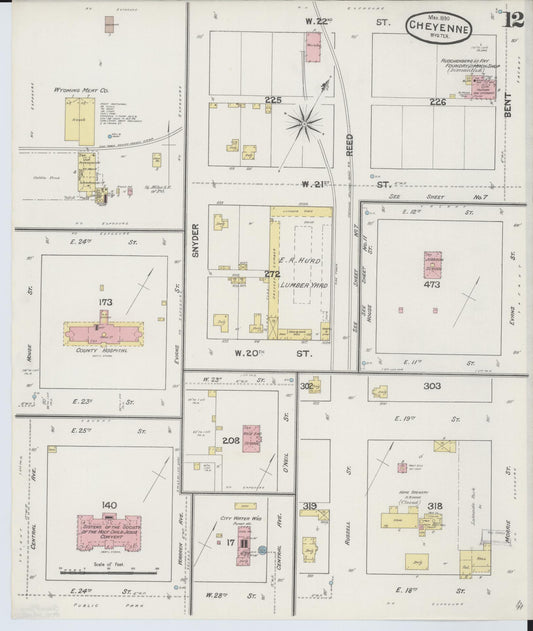 Sanborn Fire Insurance Map from Cheyenne, Laramie County, Wyoming (1890), Sheet #0012 - Historic Sanborn Fire Insurance Map Print, vintage old map wall art, antique decor, genealogy gift, Wyoming Wyoming map