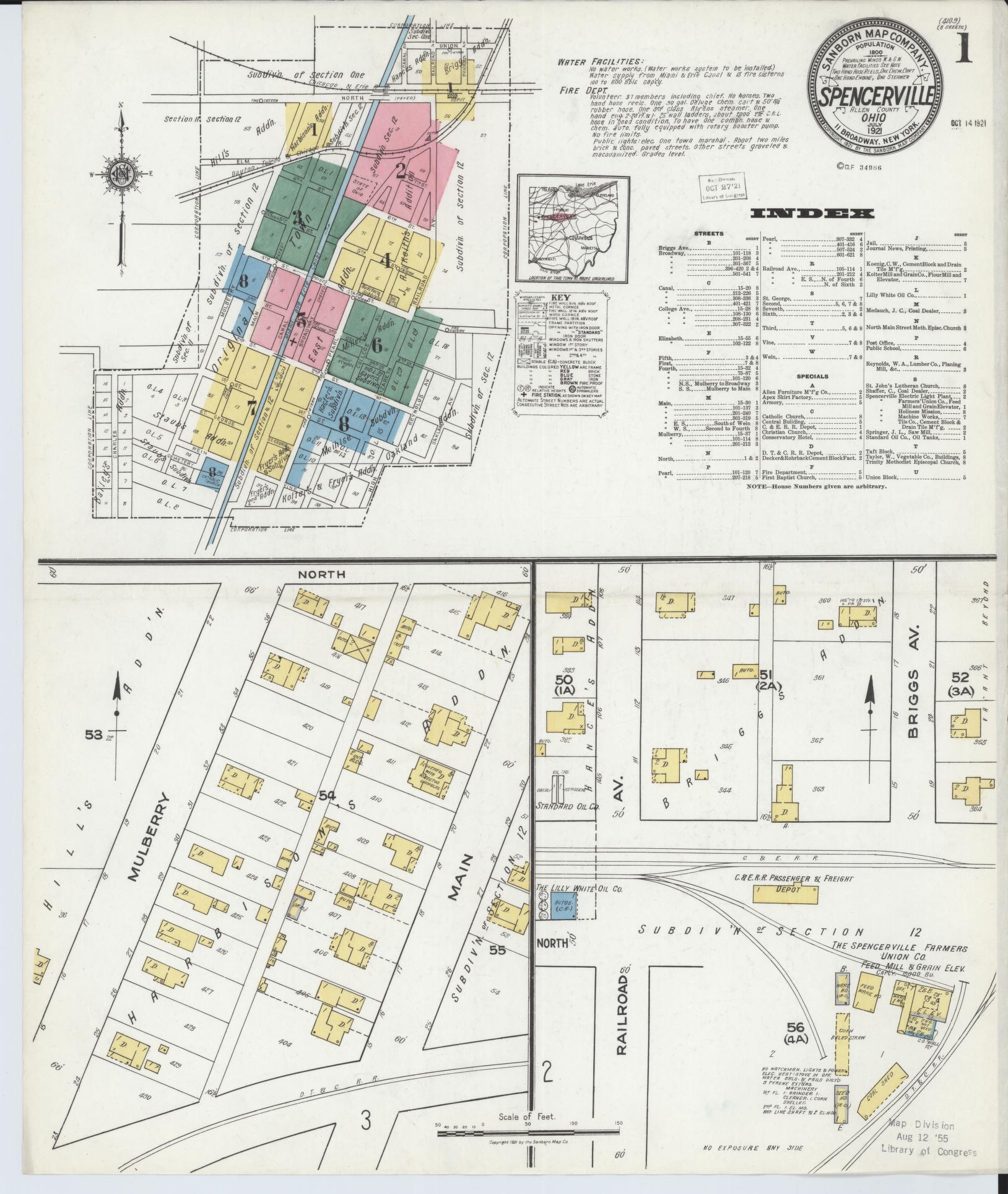 Sanborn Fire Insurance Map from Spencerville, Allen County, Ohio (1921), Sheet #0001 - Historic Sanborn Fire Insurance Map Print, vintage old map wall art, antique decor, genealogy gift, Ohio Ohio map