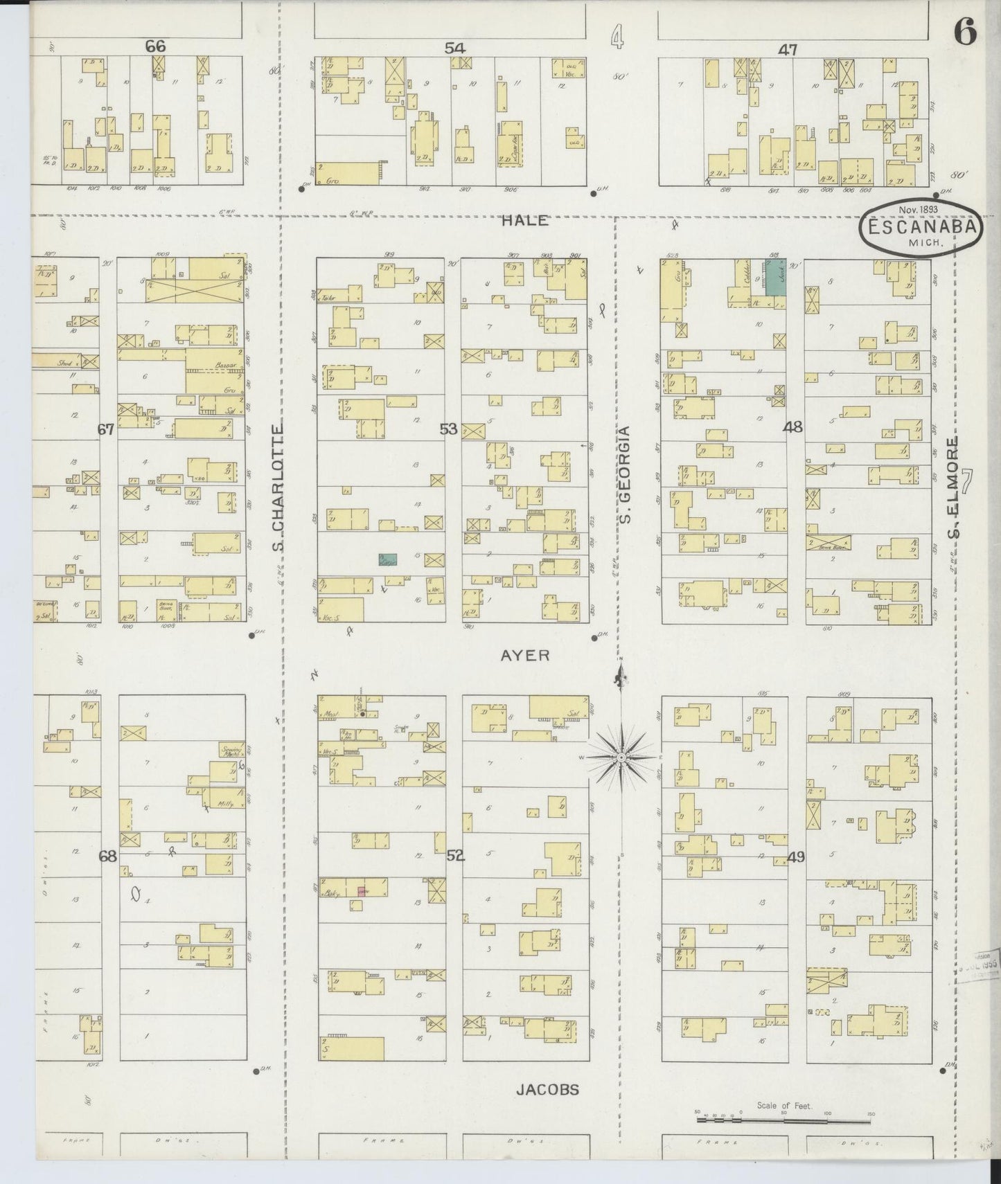 Sanborn Fire Insurance Map from Escanaba, Delta County, Michigan (1893), Sheet #0006 - Complete Map Set gallery image, historic Sanborn map, vintage wall art, Michigan Michigan