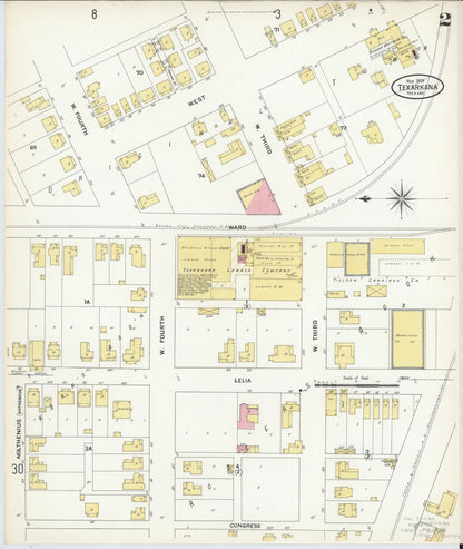 Sanborn Fire Insurance Map from Texarkana, Bowie County, Texas (1909), Sheet #0002 - Complete Map Set gallery image, historic Sanborn map, vintage wall art, Texas Texas