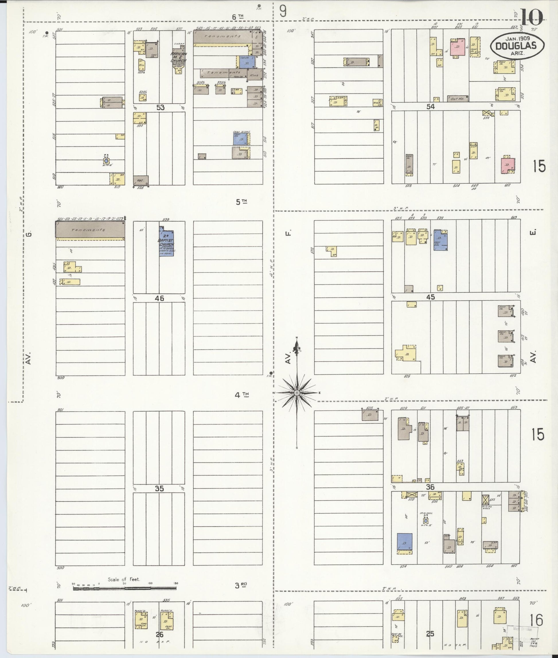 Sanborn Fire Insurance Map from Douglas, Cochise County, Arizona (1909), Sheet #0010 - Historic Sanborn Fire Insurance Map Print, vintage old map wall art, antique decor, genealogy gift, Arizona Arizona map