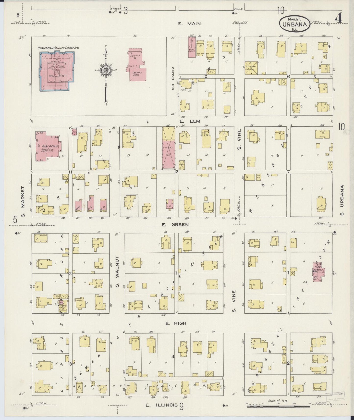 Sanborn Fire Insurance Map from Urbana, Champaign County, Illinois (1915), Sheet #0004 - Complete Map Set gallery image, historic Sanborn map, vintage wall art, Illinois Illinois