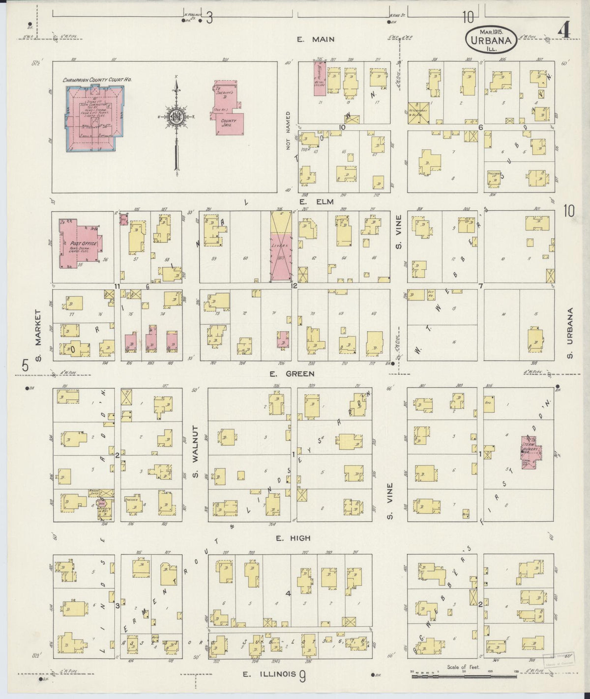 Sanborn Fire Insurance Map from Urbana, Champaign County, Illinois (1915), Sheet #0004 - Complete Map Set gallery image, historic Sanborn map, vintage wall art, Illinois Illinois