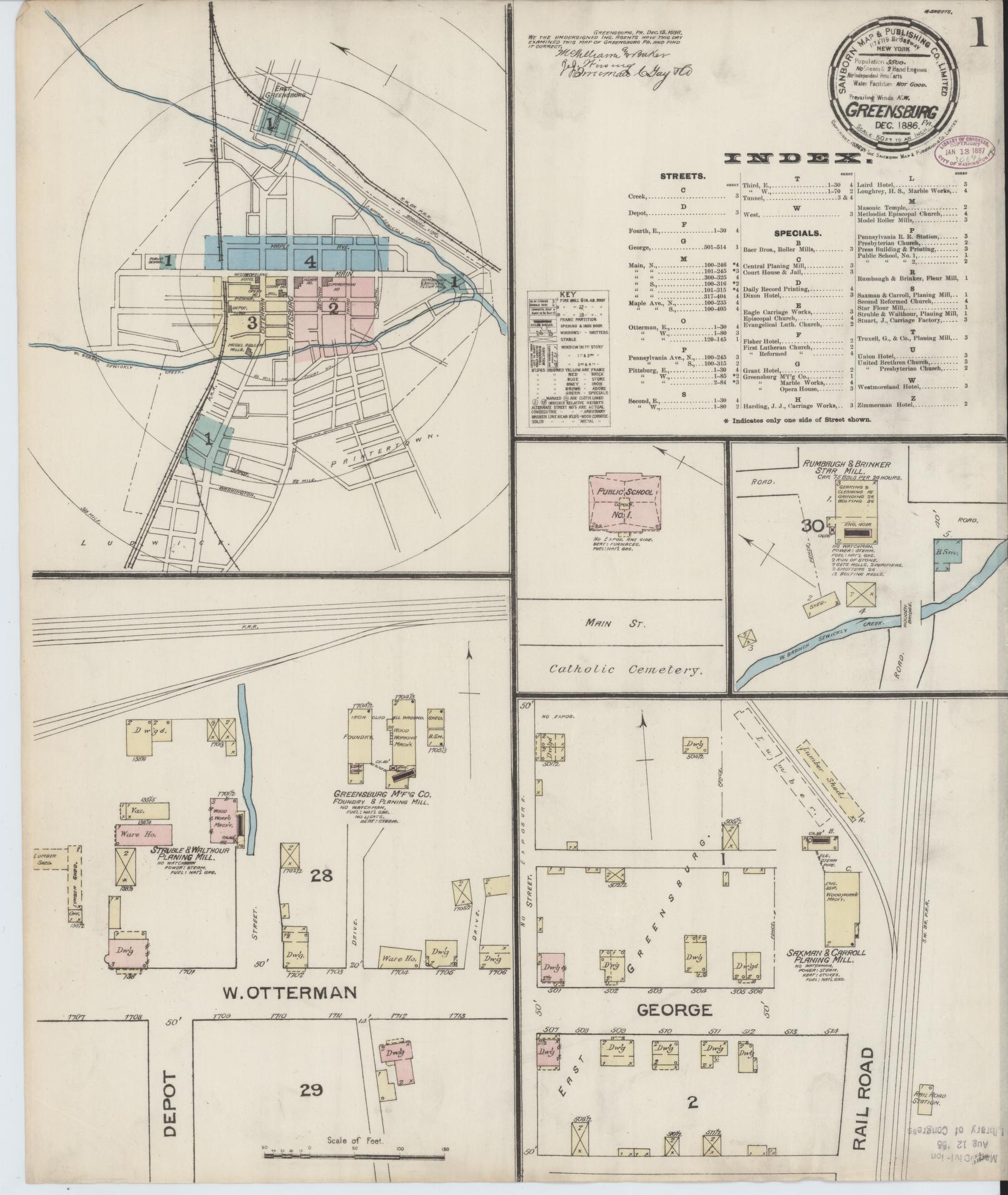 Sanborn Fire Insurance Map from Greensburg, Westmoreland County, Pennsylvania (1886), Sheet #0001 - Historic Sanborn Fire Insurance Map Print, vintage old map wall art, antique decor, genealogy gift, Pennsylvania Pennsylvania map