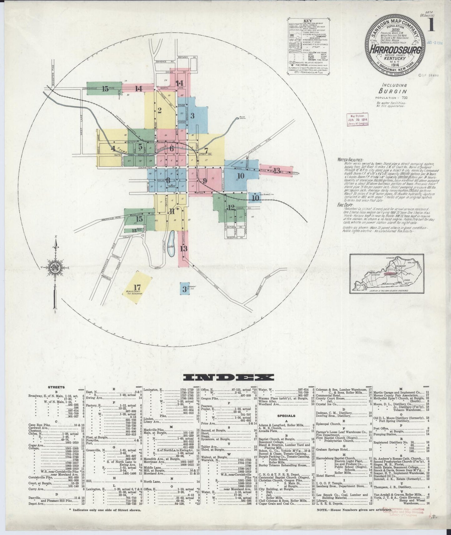 Sanborn Fire Insurance Map from Harrodsburg, Mercer County, Kentucky (1914), Sheet #0001 - Historic Sanborn Fire Insurance Map Print, vintage old map wall art, antique decor, genealogy gift, Kentucky Kentucky map