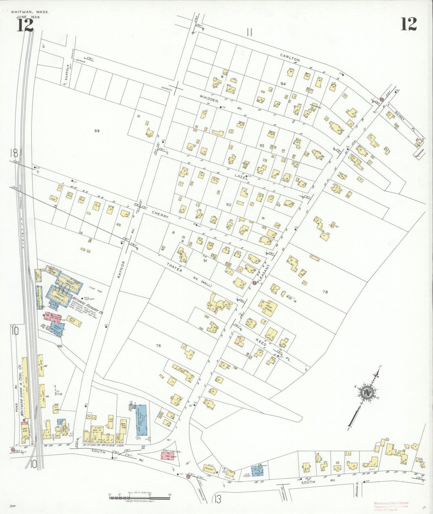 Sanborn Fire Insurance Map from Whitman, Plymouth County, Massachusetts (1939), Sheet #0012 - Historic Sanborn Fire Insurance Map Print, vintage old map wall art, antique decor, genealogy gift, Massachusetts Massachusetts map