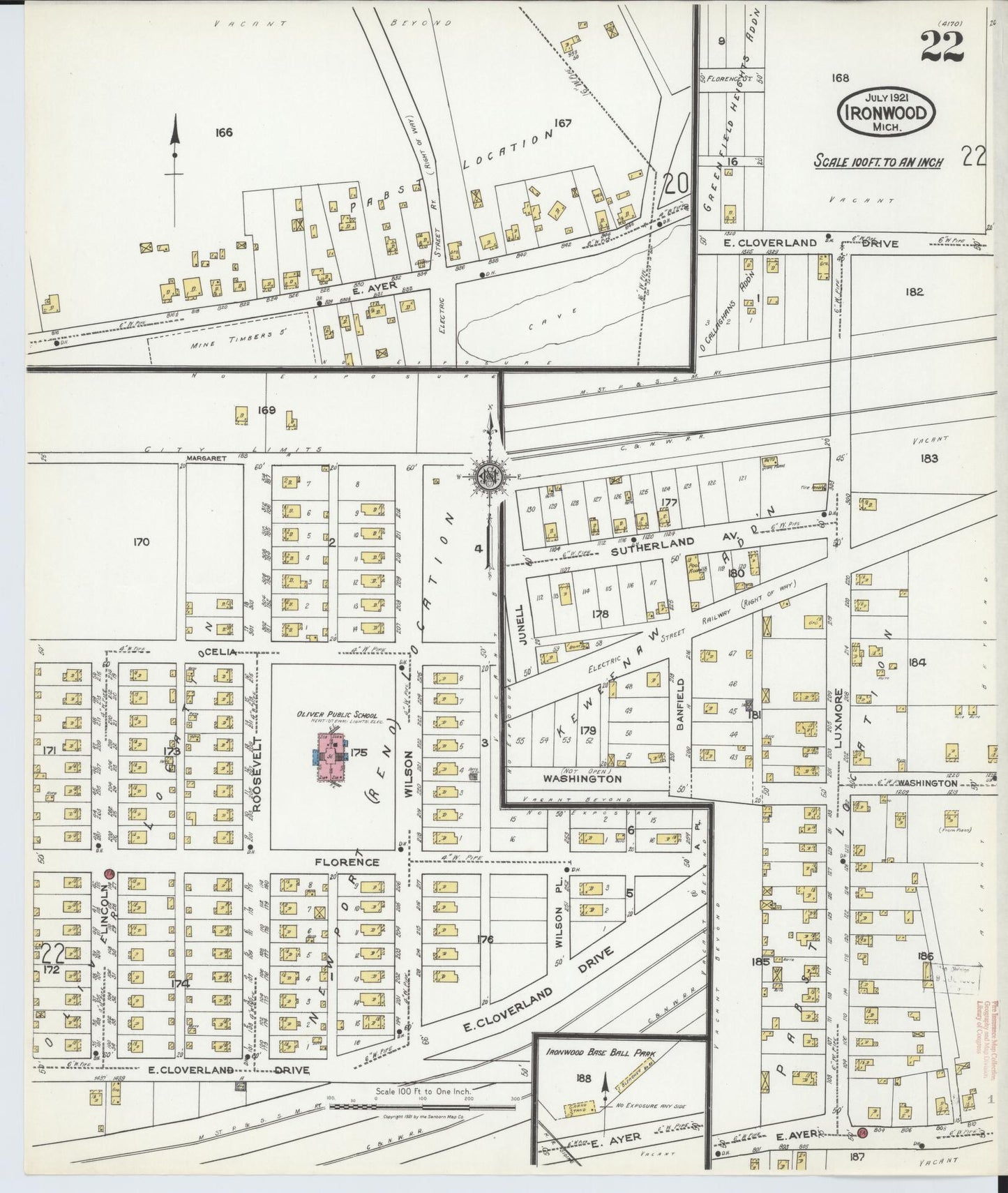 Sanborn Fire Insurance Map from Ironwood, Gogebic County, Michigan (1921), Sheet #0022 - Complete Map Set gallery image, historic Sanborn map, vintage wall art, Michigan Michigan