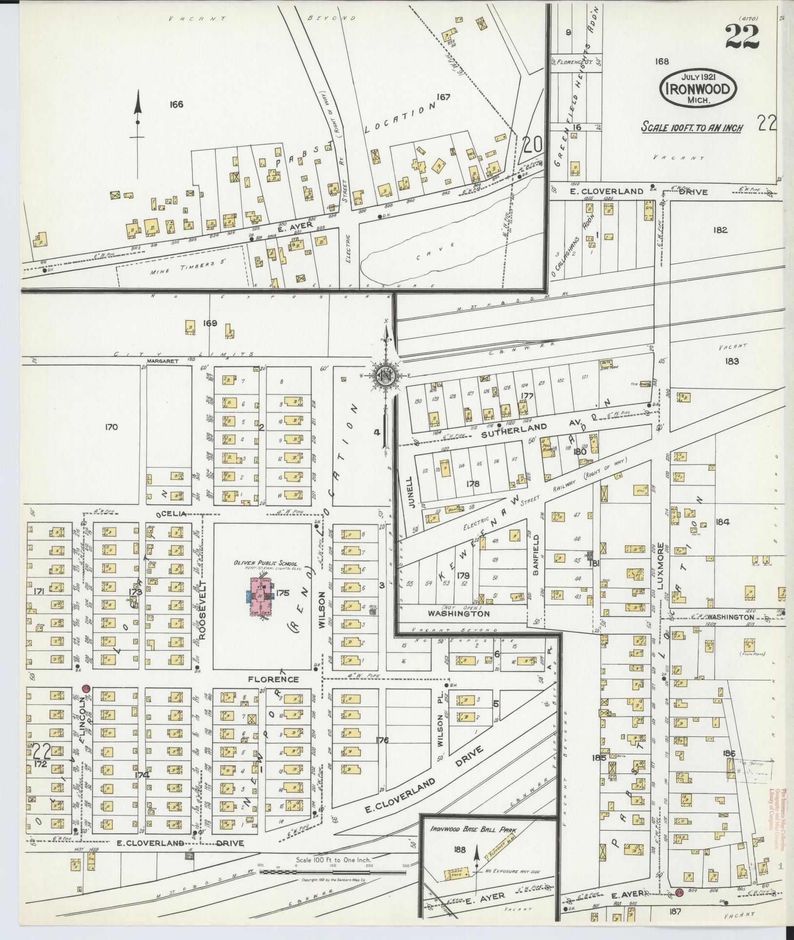Sanborn Fire Insurance Map from Ironwood, Gogebic County, Michigan (1921), Sheet #0022 - Complete Map Set gallery image, historic Sanborn map, vintage wall art, Michigan Michigan