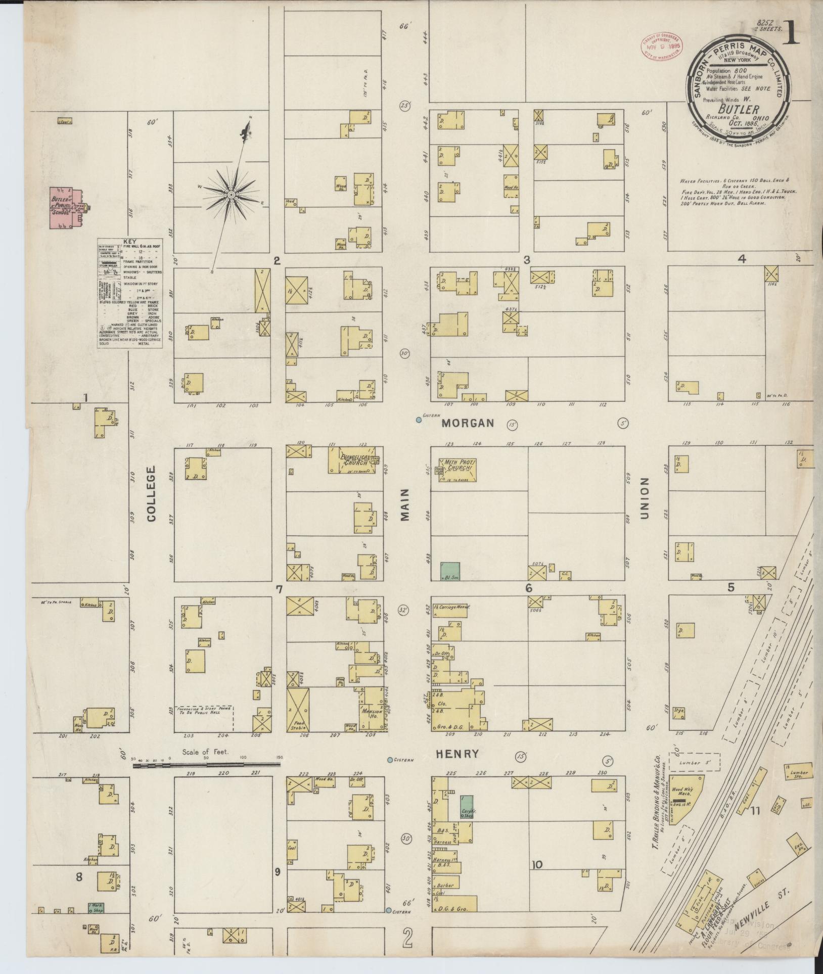 Sanborn Fire Insurance Map from Butler, Richland County, Ohio (1885), Sheet #0001 - Complete Map Set gallery image, historic Sanborn map, vintage wall art, Ohio Ohio