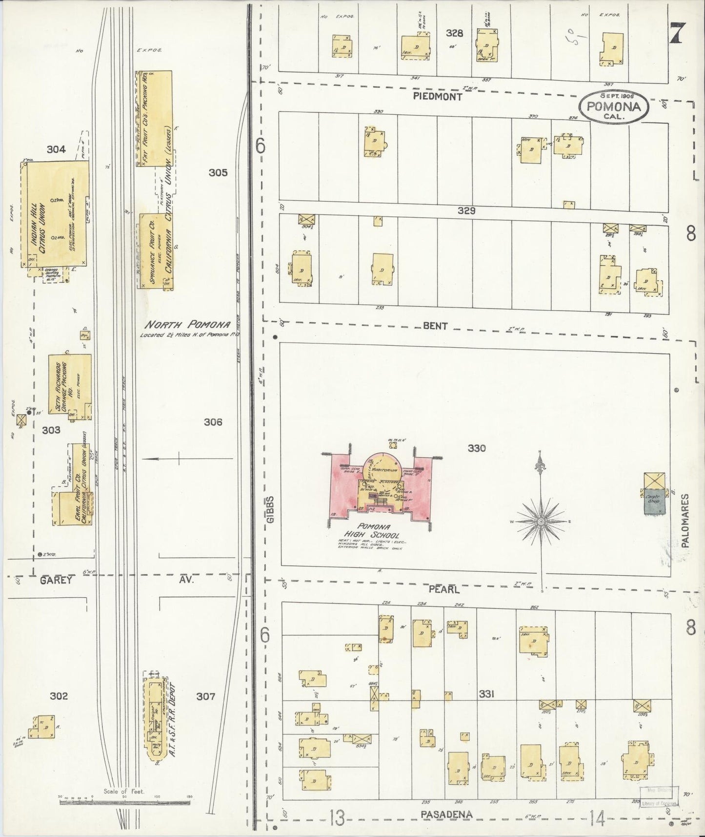 Sanborn Fire Insurance Map from Pomona, Los Angeles County, California (1906), Sheet #0007 - Complete Map Set gallery image, historic Sanborn map, vintage wall art, California California