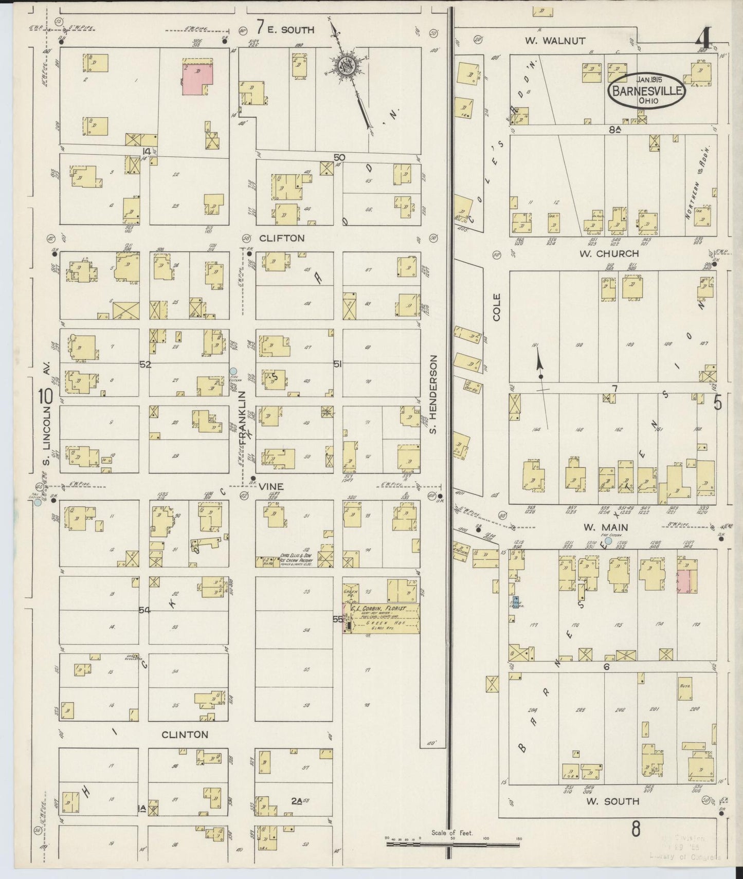 Sanborn Fire Insurance Map from Barnesville, Belmont County, Ohio (1915), Sheet #0004 - Historic Sanborn Fire Insurance Map Print, vintage old map wall art, antique decor, genealogy gift, Ohio Ohio map