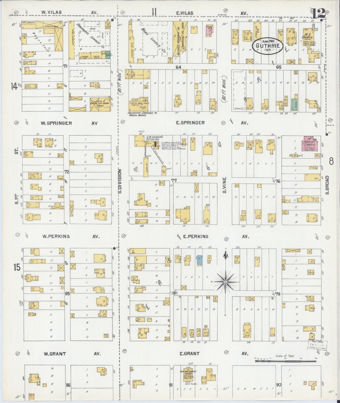 Sanborn Fire Insurance Map from Guthrie, Logan County, Oklahoma (1901), Sheet #0012 - Historic Sanborn Fire Insurance Map Print, vintage old map wall art, antique decor, genealogy gift, Oklahoma Oklahoma map