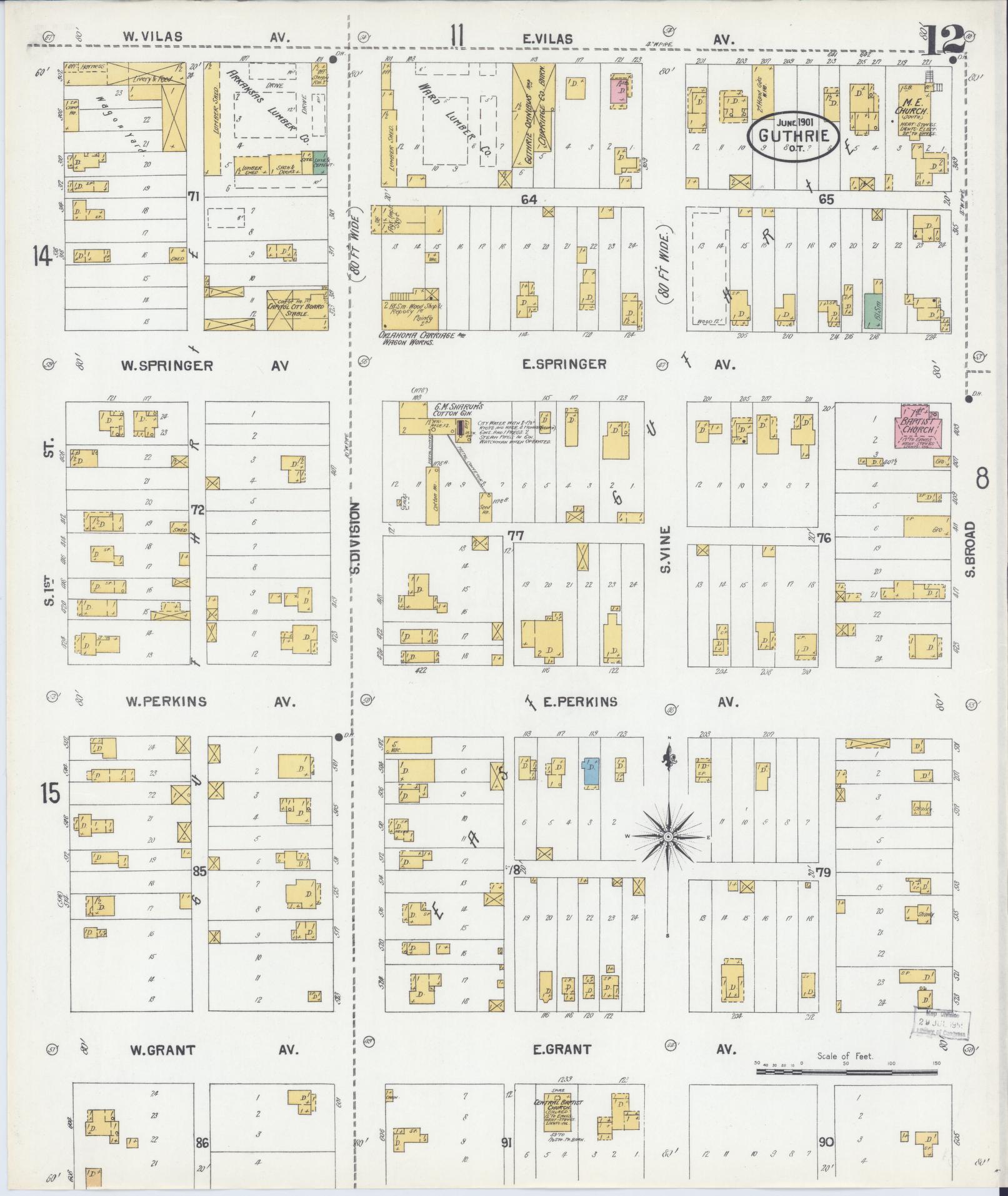 Sanborn Fire Insurance Map from Guthrie, Logan County, Oklahoma (1901), Sheet #0012 - Historic Sanborn Fire Insurance Map Print, vintage old map wall art, antique decor, genealogy gift, Oklahoma Oklahoma map