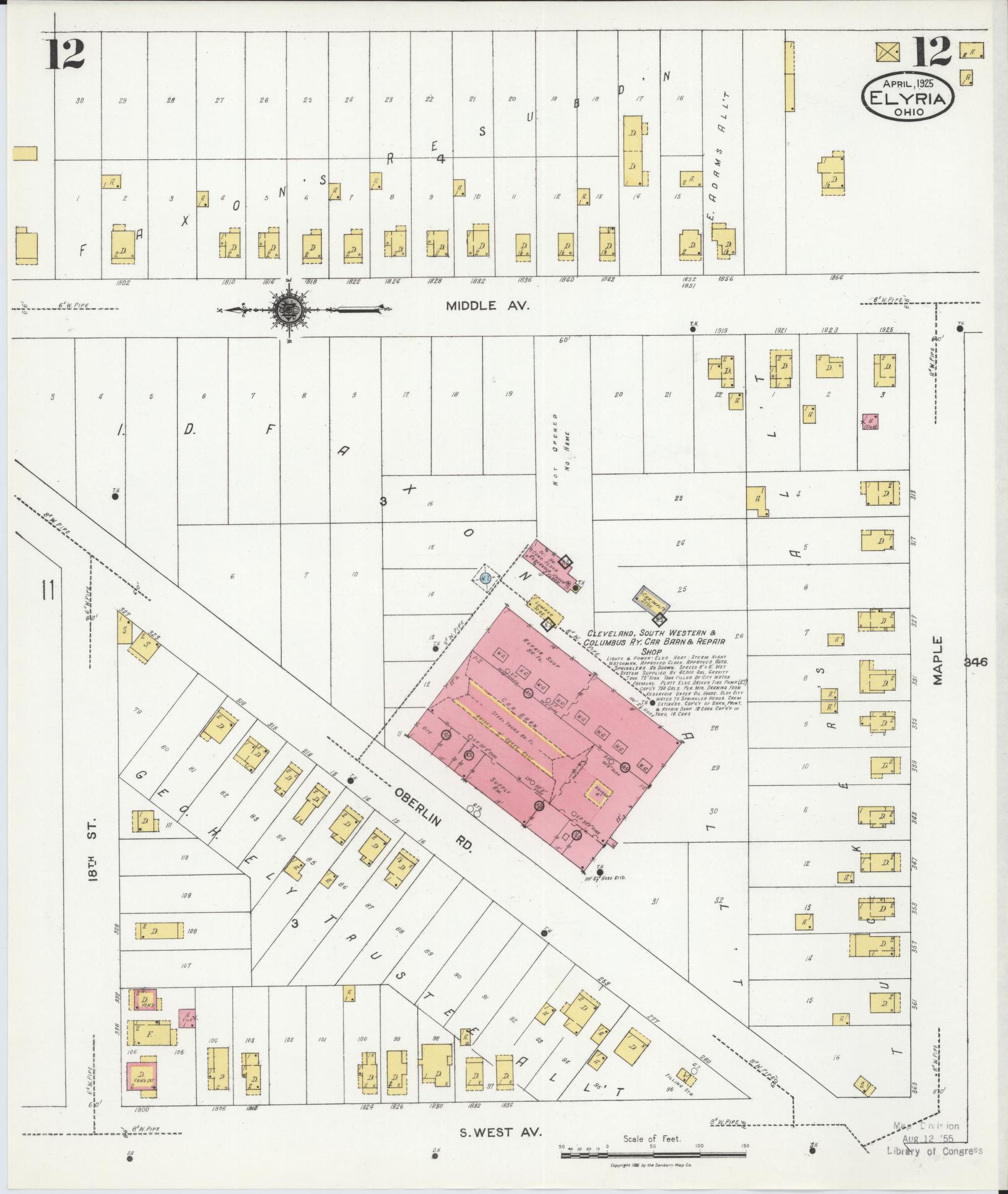 Sanborn Fire Insurance Map from Elyria, Lorain County, Ohio (1925), Sheet #0012 - Historic Sanborn Fire Insurance Map Print, vintage old map wall art, antique decor, genealogy gift, Ohio Ohio map
