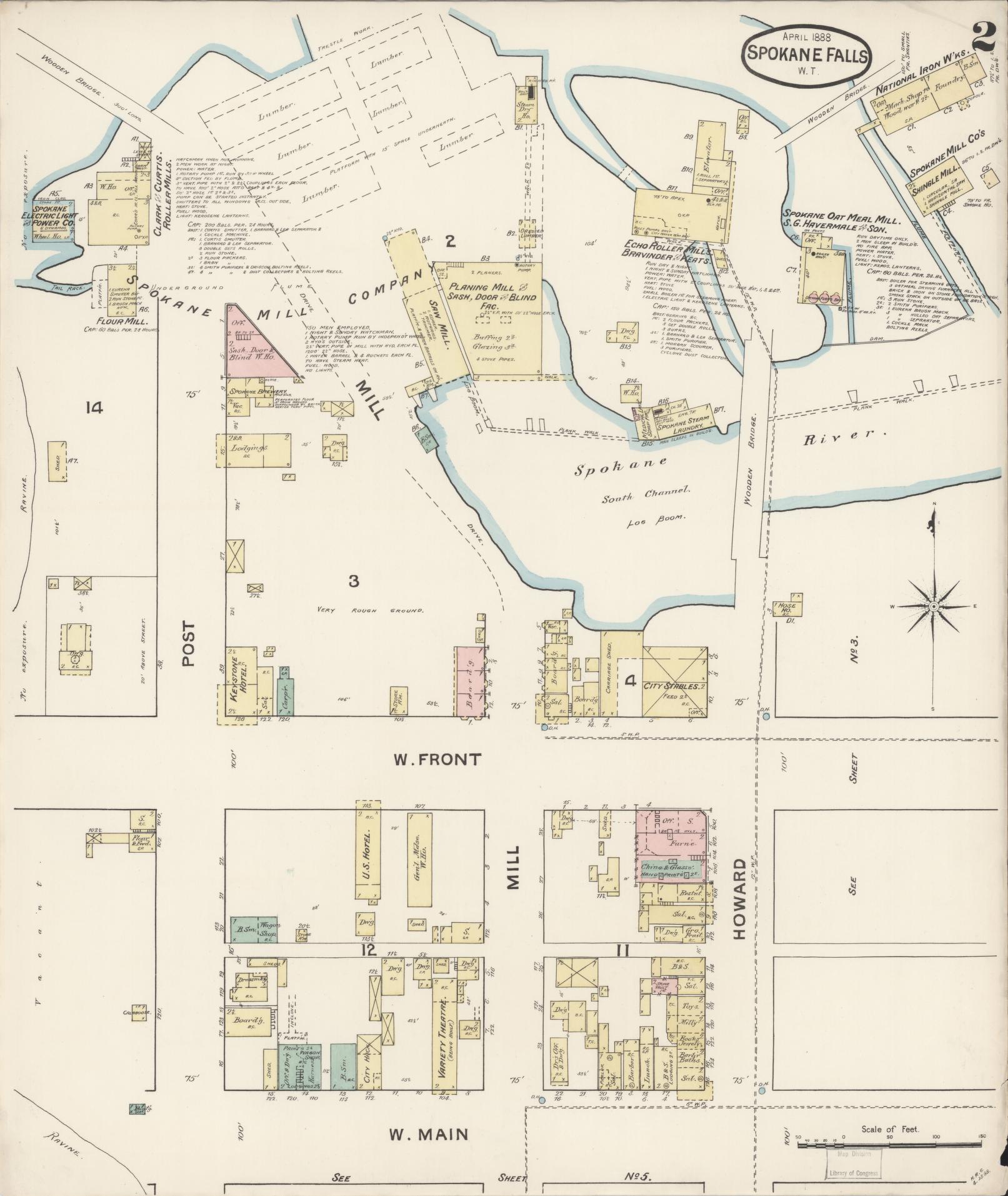 Sanborn Fire Insurance Map from Spokane, Spokane County, Washington (1888), Sheet #0002 - Historic Sanborn Fire Insurance Map Print, vintage old map wall art, antique decor, genealogy gift, Washington Washington map