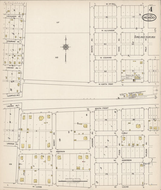 Sanborn Fire Insurance Map from Hondo, Medina County, Texas (1922), Sheet #0004 - Historic Sanborn Fire Insurance Map Print, vintage old map wall art, antique decor, genealogy gift, Texas Texas map
