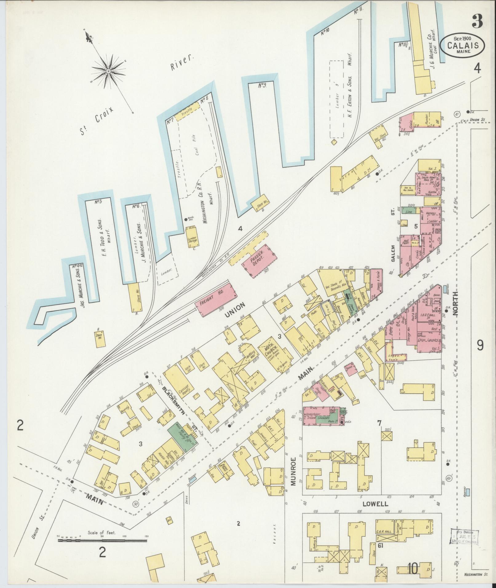 Sanborn Fire Insurance Map from Calais, Washington County, Maine (1900), Sheet #0003 - Historic Sanborn Fire Insurance Map Print, vintage old map wall art, antique decor, genealogy gift, Maine Maine map