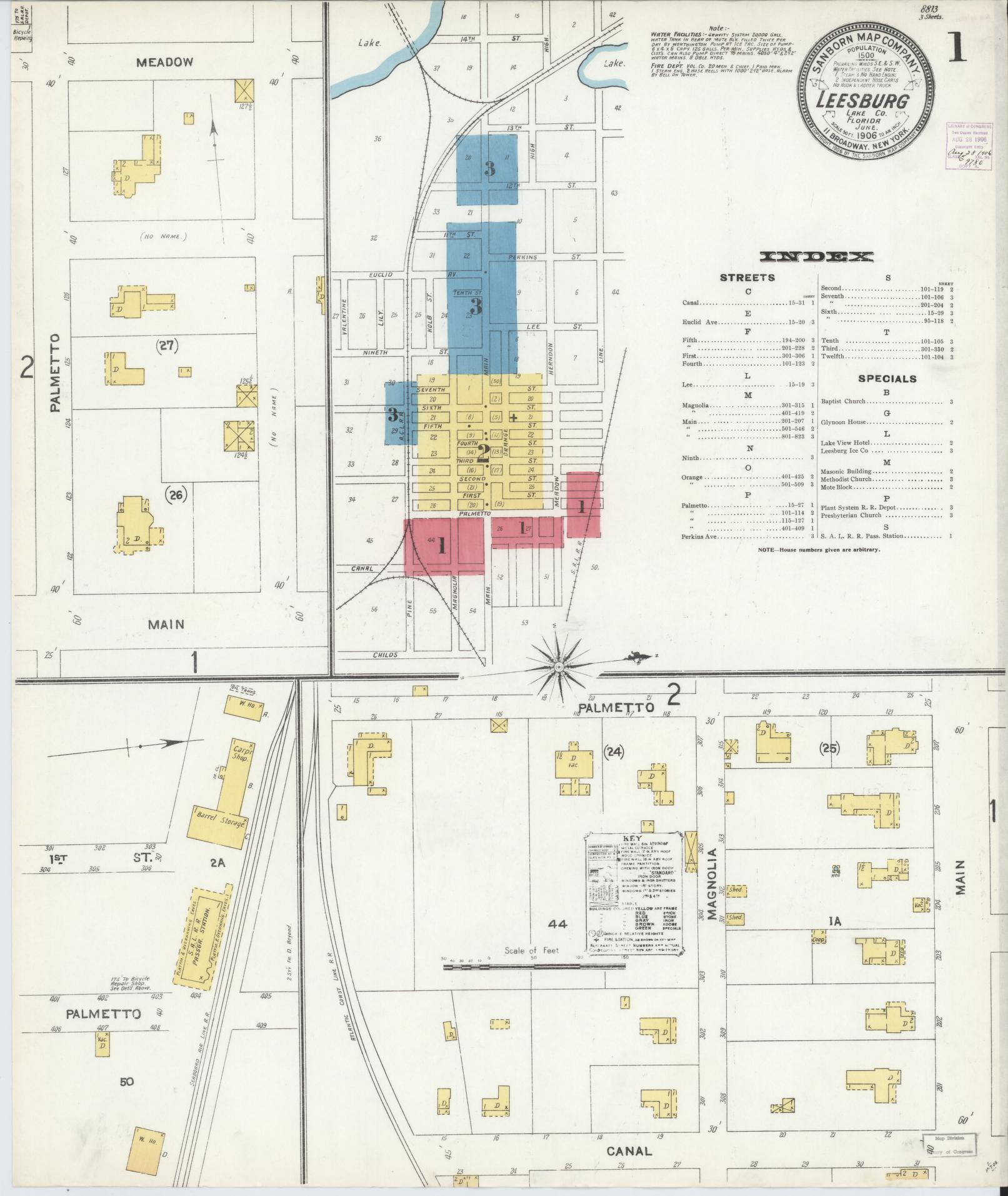Sanborn Fire Insurance Map from Leesburg, Lake County, Florida (1906), Sheet #0001 - Complete Map Set gallery image, historic Sanborn map, vintage wall art, Florida Florida