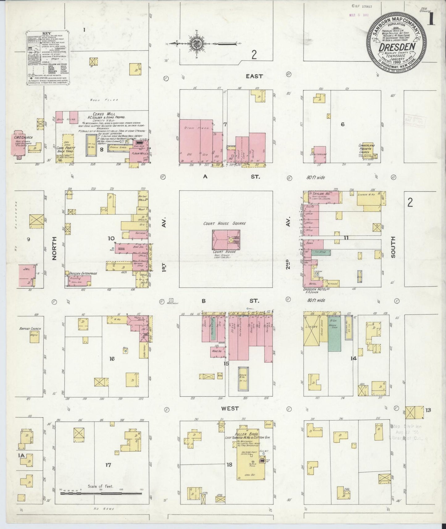 Sanborn Fire Insurance Map from Dresden, Weakley County, Tennessee (1910), Sheet #0001 - Complete Map Set gallery image, historic Sanborn map, vintage wall art, Tennessee Tennessee