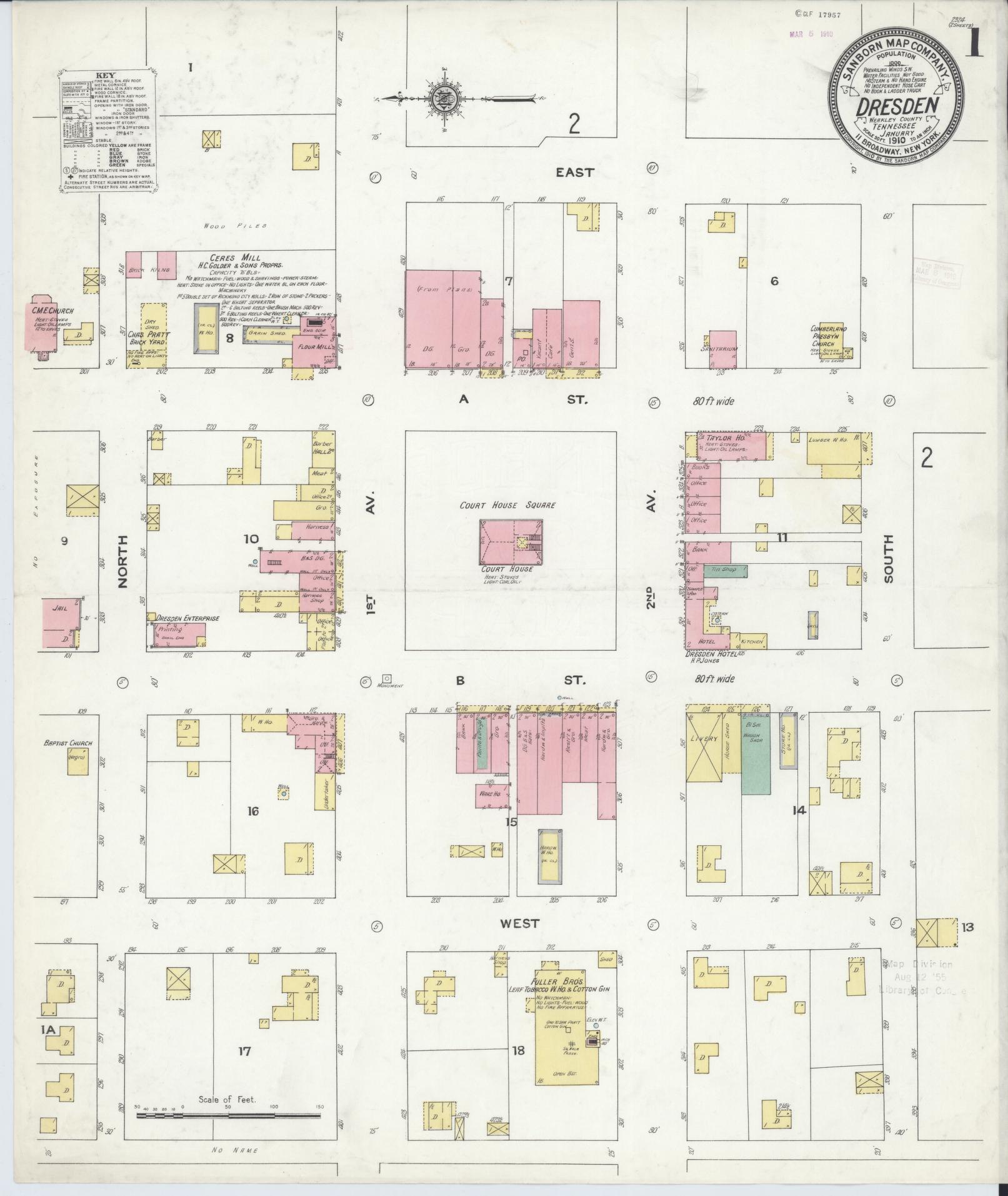Sanborn Fire Insurance Map from Dresden, Weakley County, Tennessee (1910), Sheet #0001 - Complete Map Set gallery image, historic Sanborn map, vintage wall art, Tennessee Tennessee