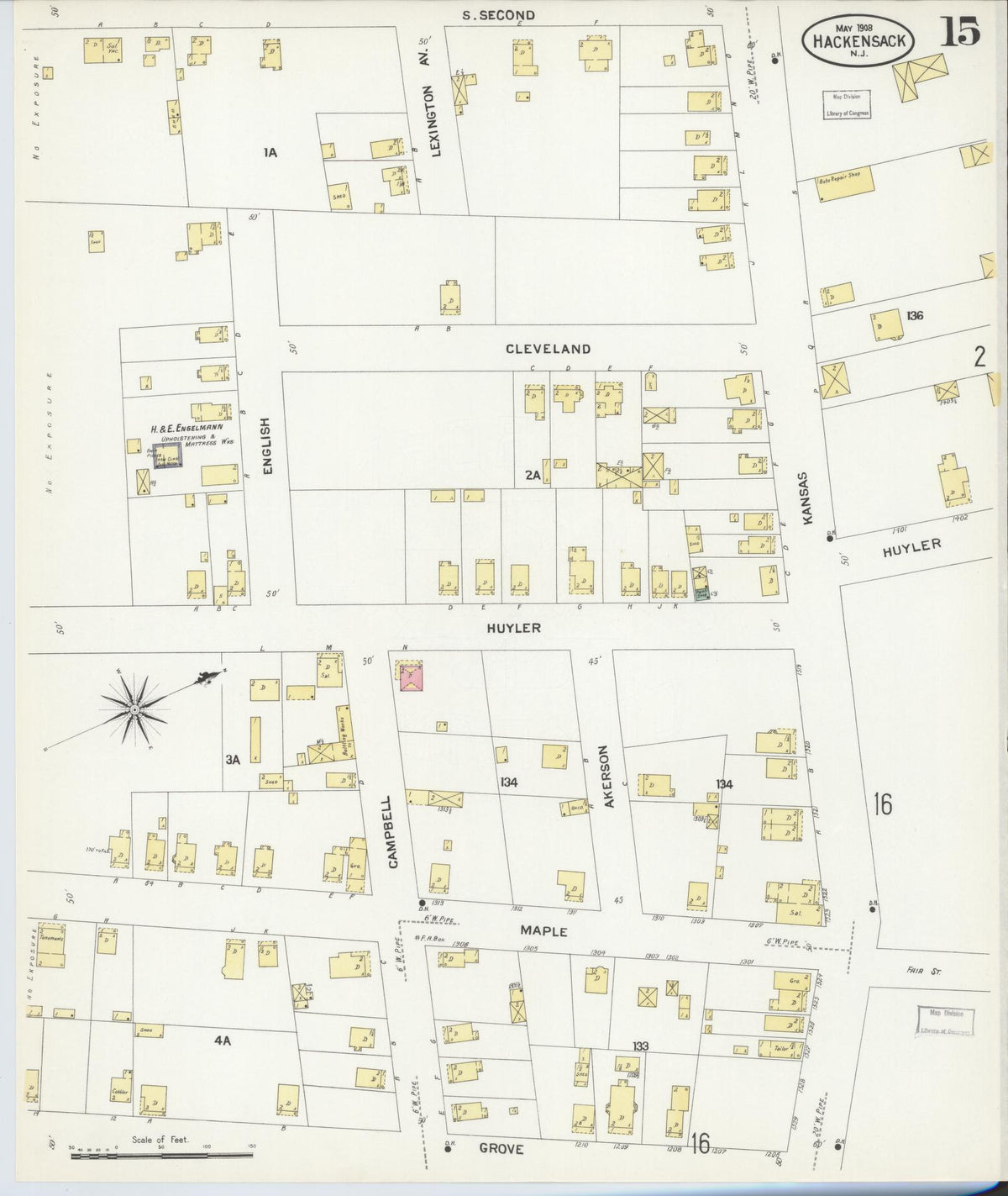 Sanborn Fire Insurance Map from Hackensack, Bergen County, New Jersey (1908), Sheet #0015 - Historic Sanborn Fire Insurance Map Print, vintage old map wall art, antique decor, genealogy gift, New Jersey New Jersey map