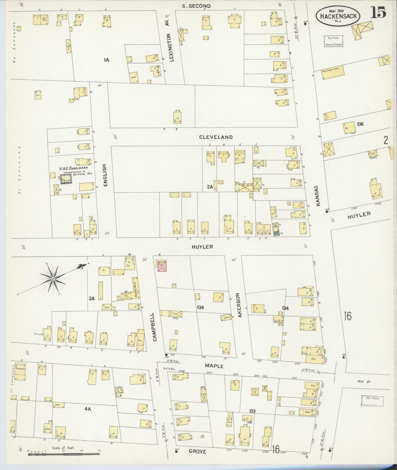 Sanborn Fire Insurance Map from Hackensack, Bergen County, New Jersey (1908), Sheet #0015 - Historic Sanborn Fire Insurance Map Print, vintage old map wall art, antique decor, genealogy gift, New Jersey New Jersey map