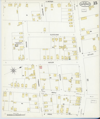 Sanborn Fire Insurance Map from Hackensack, Bergen County, New Jersey (1908), Sheet #0015 - Historic Sanborn Fire Insurance Map Print, vintage old map wall art, antique decor, genealogy gift, New Jersey New Jersey map