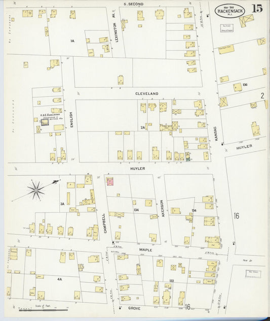 Sanborn Fire Insurance Map from Hackensack, Bergen County, New Jersey (1908), Sheet #0015 - Historic Sanborn Fire Insurance Map Print, vintage old map wall art, antique decor, genealogy gift, New Jersey New Jersey map