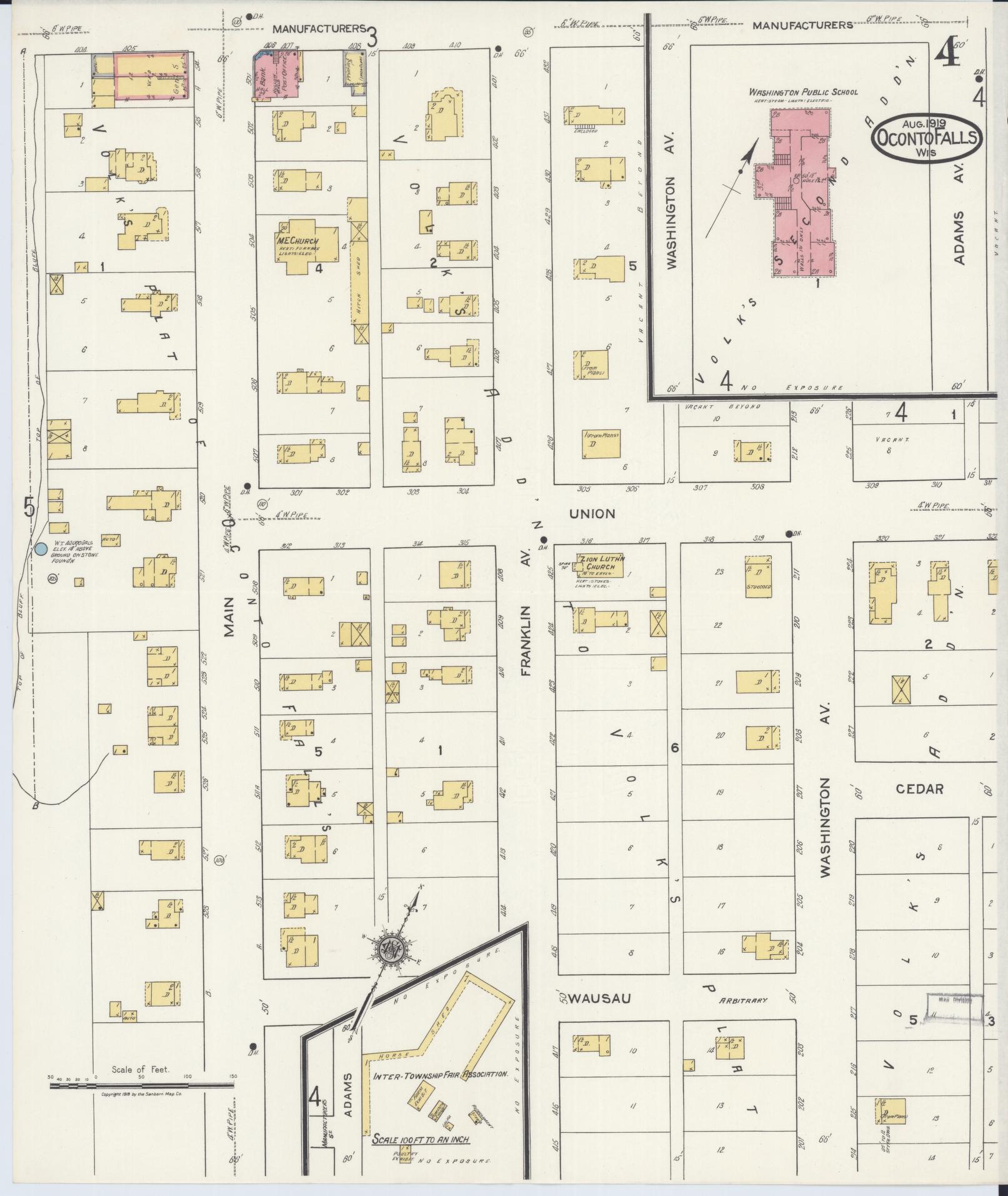 Sanborn Fire Insurance Map from Oconto Falls, Oconto County, Wisconsin (1919), Sheet #0004 - Historic Sanborn Fire Insurance Map Print, vintage old map wall art, antique decor, genealogy gift, Wisconsin Wisconsin map