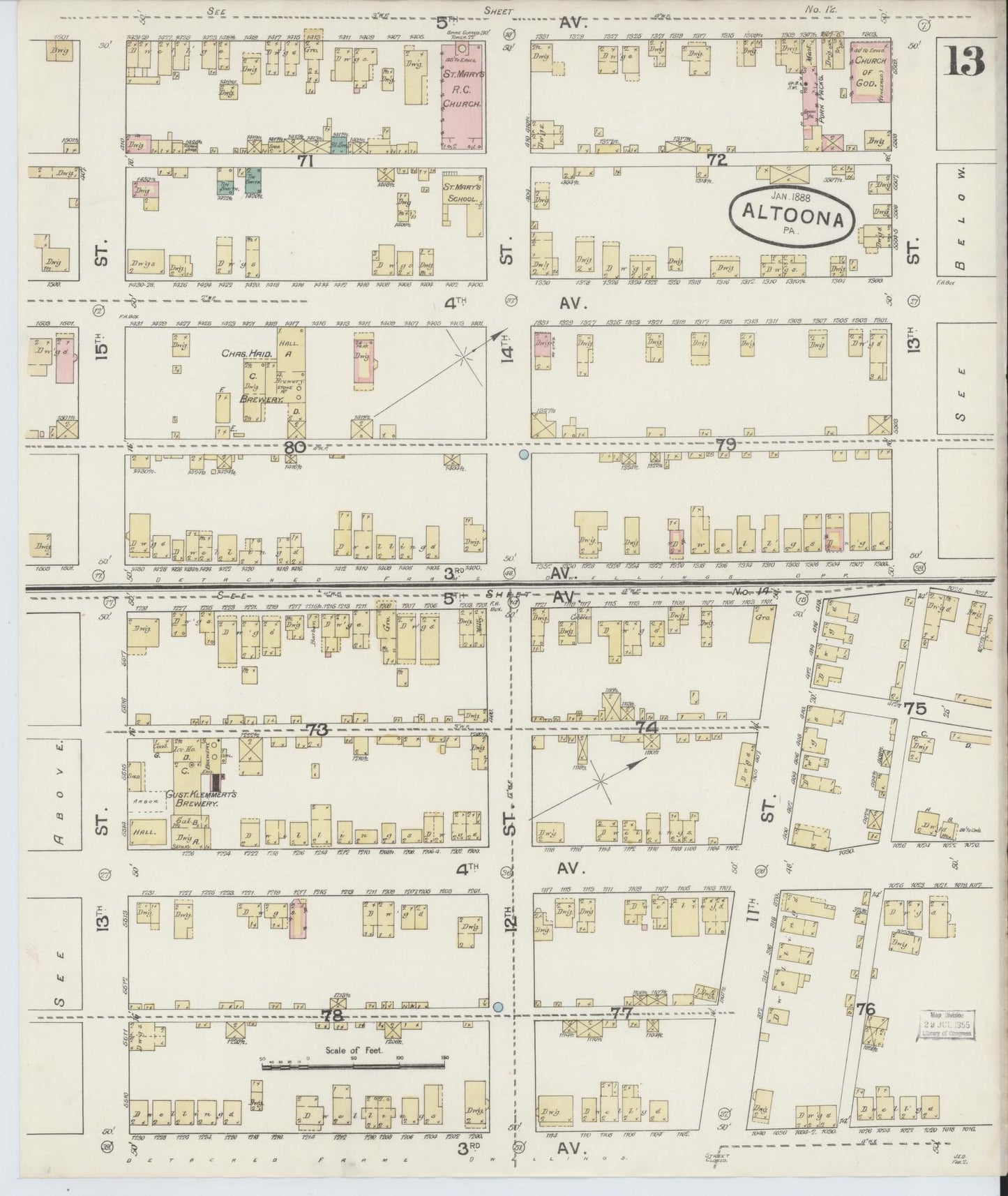 Sanborn Fire Insurance Map from Altoona, Blair County, Pennsylvania (1888), Sheet #0013 - Historic Sanborn Fire Insurance Map Print, vintage old map wall art, antique decor, genealogy gift, Pennsylvania Pennsylvania map