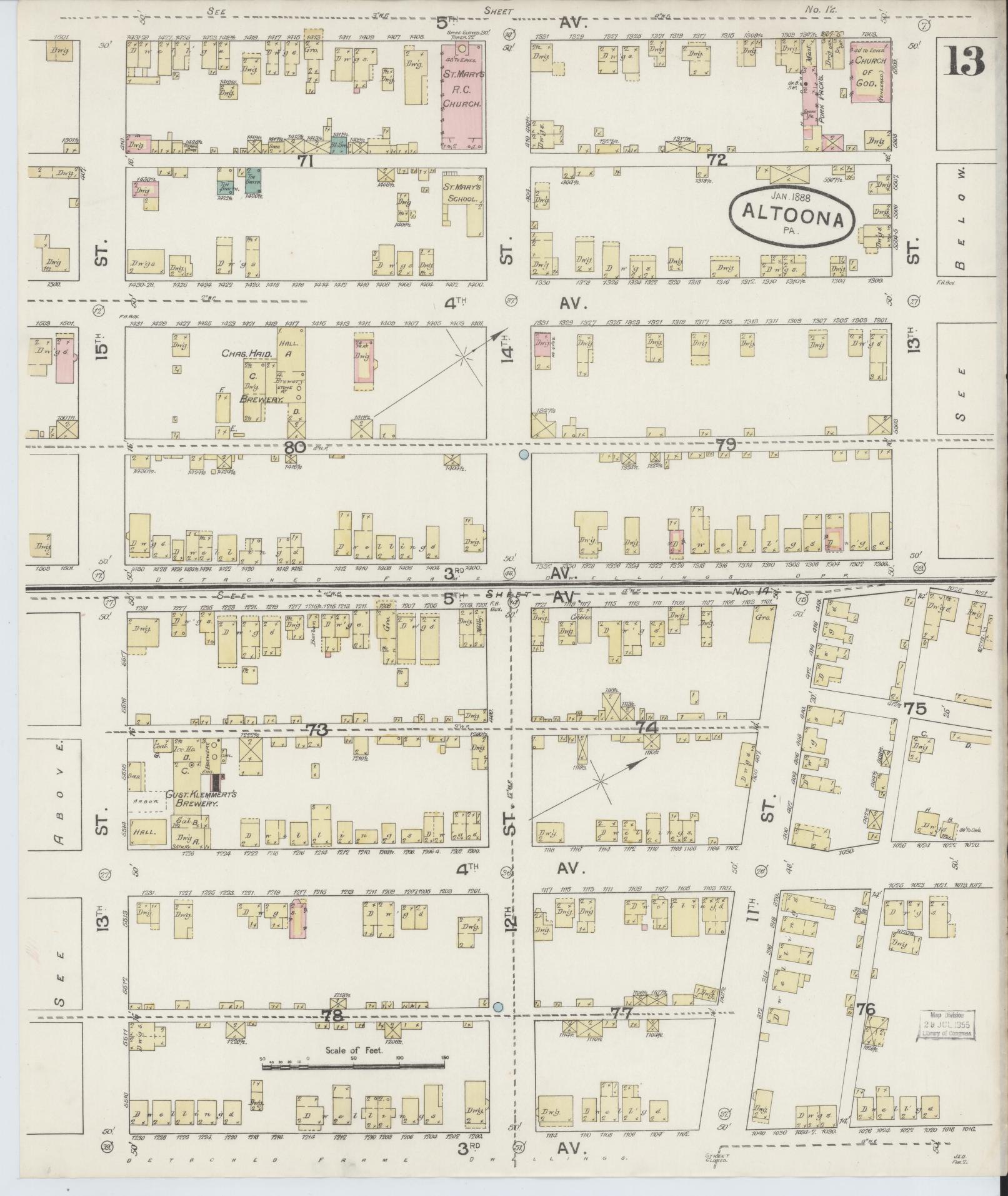 Sanborn Fire Insurance Map from Altoona, Blair County, Pennsylvania (1888), Sheet #0013 - Historic Sanborn Fire Insurance Map Print, vintage old map wall art, antique decor, genealogy gift, Pennsylvania Pennsylvania map