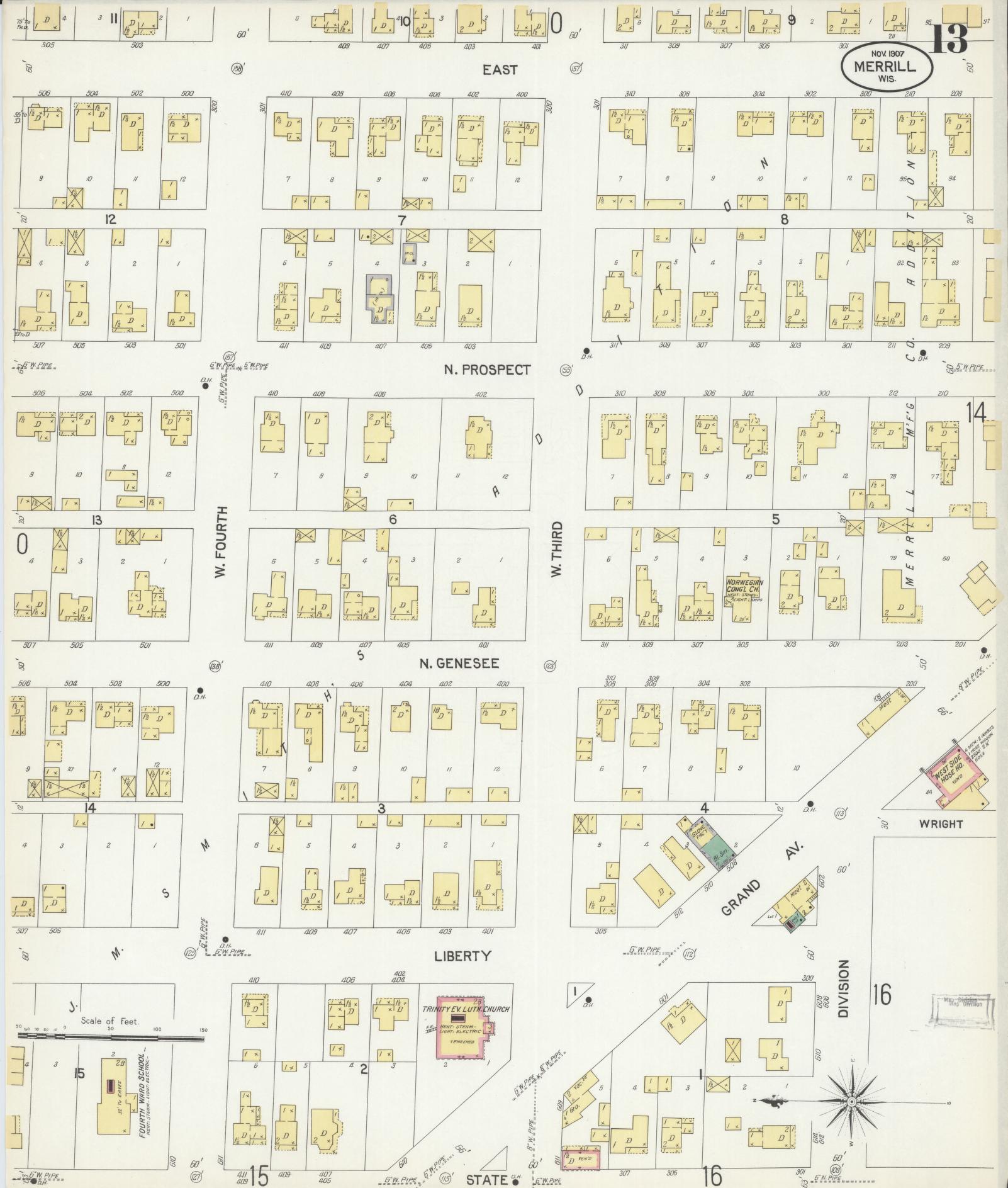 Sanborn Fire Insurance Map from Merrill, Lincoln County, Wisconsin (1907), Sheet #0013 - Historic Sanborn Fire Insurance Map Print, vintage old map wall art, antique decor, genealogy gift, Wisconsin Wisconsin map