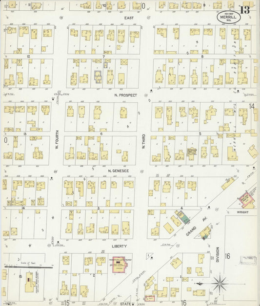 Sanborn Fire Insurance Map from Merrill, Lincoln County, Wisconsin (1907), Sheet #0013 - Historic Sanborn Fire Insurance Map Print, vintage old map wall art, antique decor, genealogy gift, Wisconsin Wisconsin map