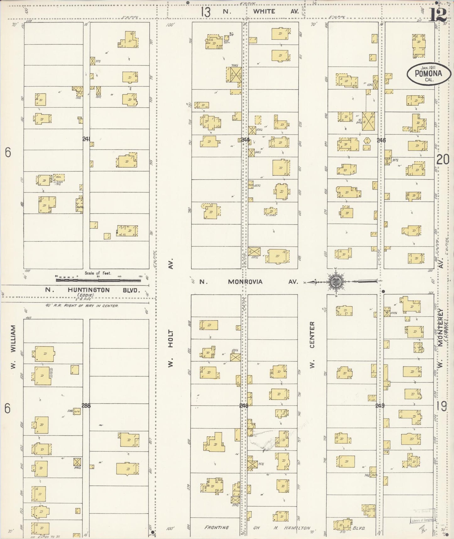 Sanborn Fire Insurance Map from Pomona, Los Angeles County, California (1911), Sheet #0012 - Complete Map Set gallery image, historic Sanborn map, vintage wall art, California California