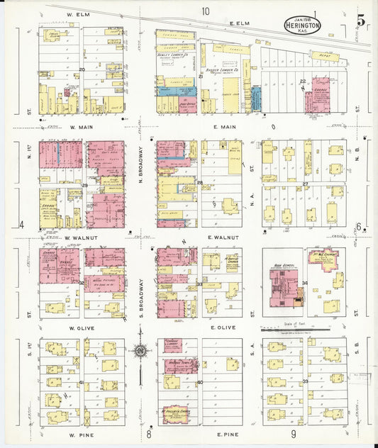 Sanborn Fire Insurance Map from Herington, Dickinson County, Kansas (1918), Sheet #0005 - Historic Sanborn Fire Insurance Map Print, vintage old map wall art, antique decor, genealogy gift, Kansas Kansas map