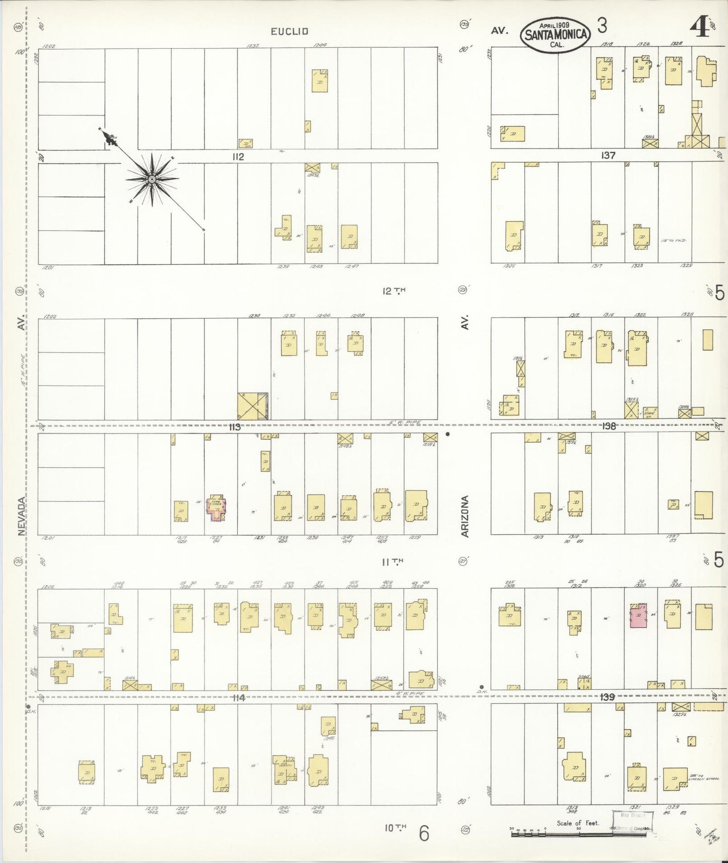 Sanborn Fire Insurance Map from Santa Monica, Los Angeles County, California (1909), Sheet #0004 - Complete Map Set gallery image, historic Sanborn map, vintage wall art, California California