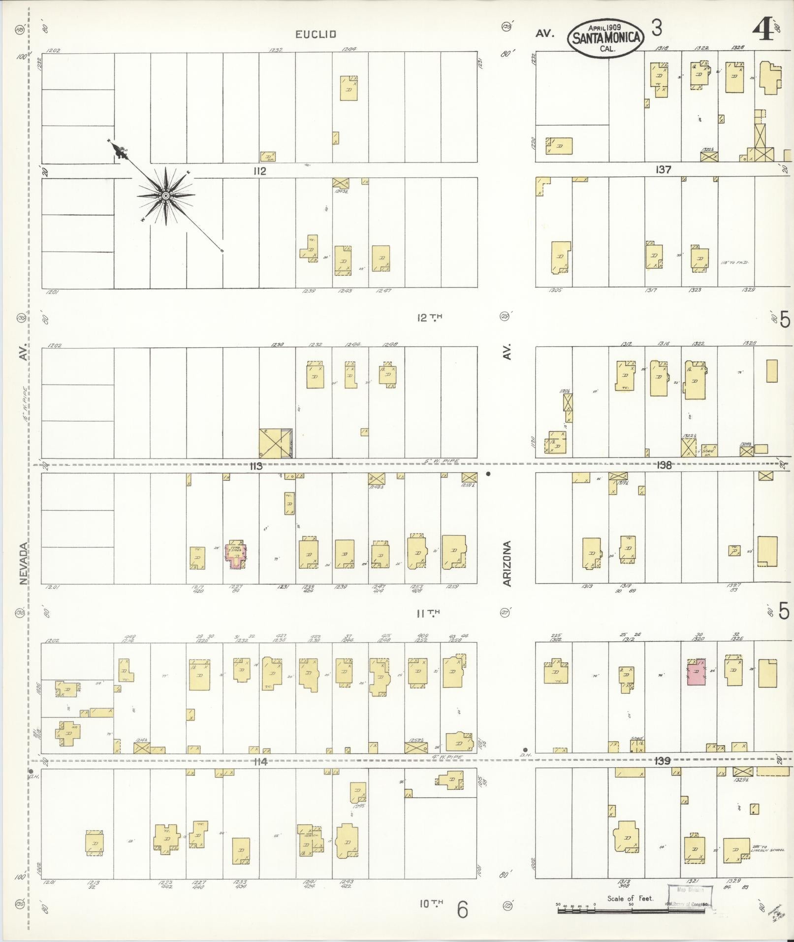 Sanborn Fire Insurance Map from Santa Monica, Los Angeles County, California (1909), Sheet #0004 - Complete Map Set gallery image, historic Sanborn map, vintage wall art, California California