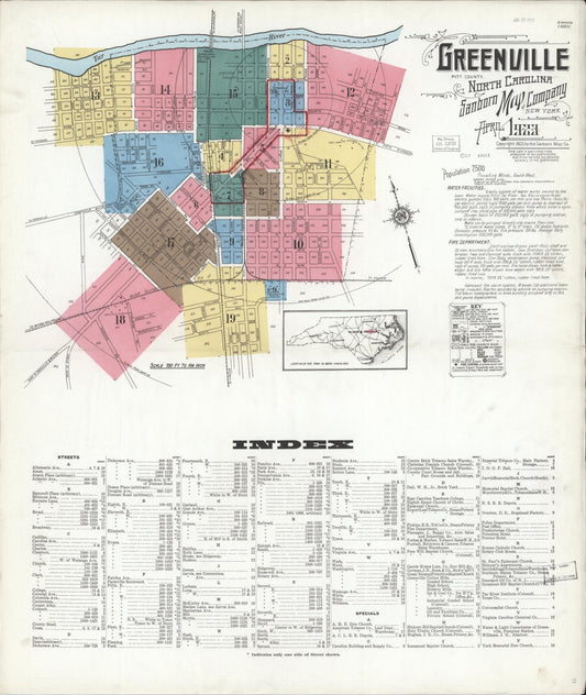 Sanborn Fire Insurance Map from Greenville, Pitt County, North Carolina (1923), Sheet #0001 - Historic Sanborn Fire Insurance Map Print, vintage old map wall art, antique decor, genealogy gift, North Carolina North Carolina map