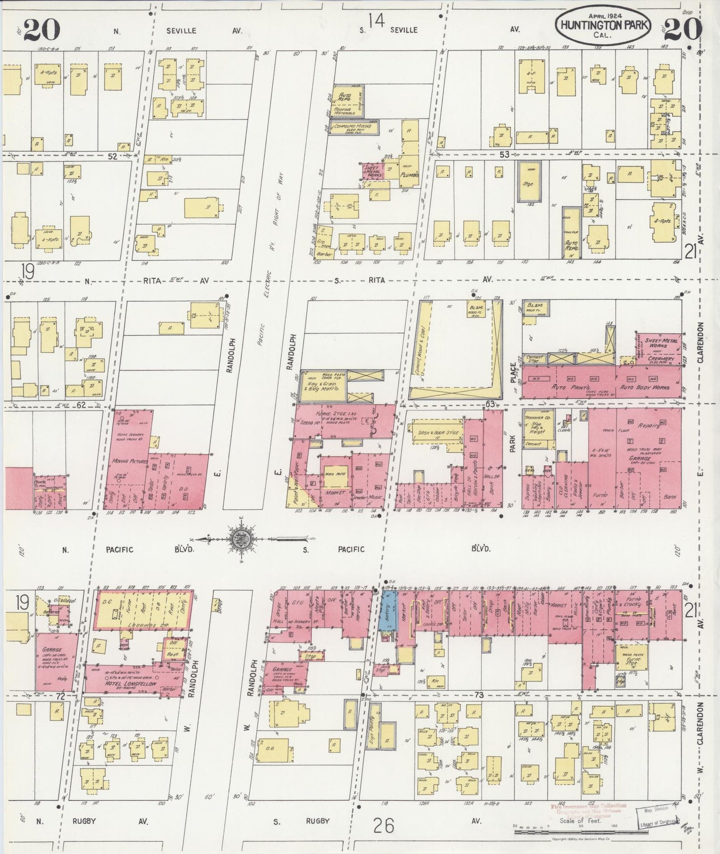 Sanborn Fire Insurance Map from Huntington Park, Los Angeles County, California (1924), Sheet #0020 - Historic Sanborn Fire Insurance Map Print, vintage old map wall art, antique decor, genealogy gift, California California map