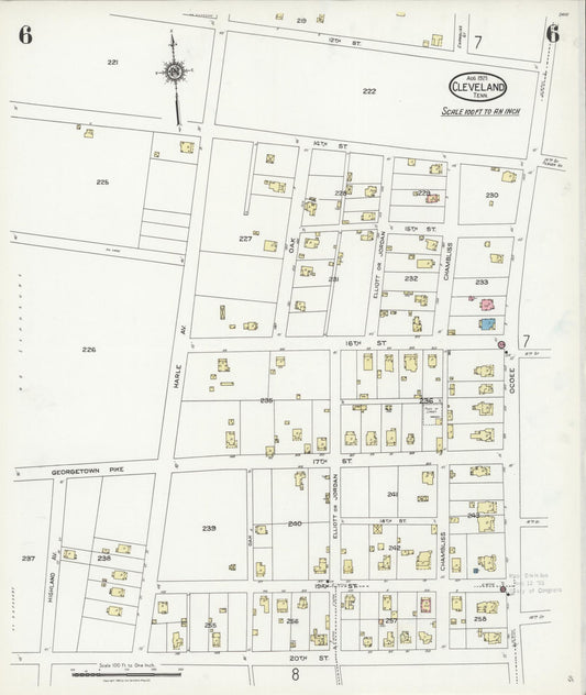 Sanborn Fire Insurance Map from Cleveland, Bradley County, Tennessee (1925), Sheet #0006 - Historic Sanborn Fire Insurance Map Print, vintage old map wall art, antique decor, genealogy gift, Tennessee Tennessee map