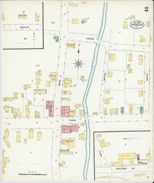 Sanborn Fire Insurance Map from Spencer, Tioga County, New York (1908), Sheet #0002 - Historic Sanborn Fire Insurance Map Print, vintage old map wall art, antique decor, genealogy gift, New York New York map